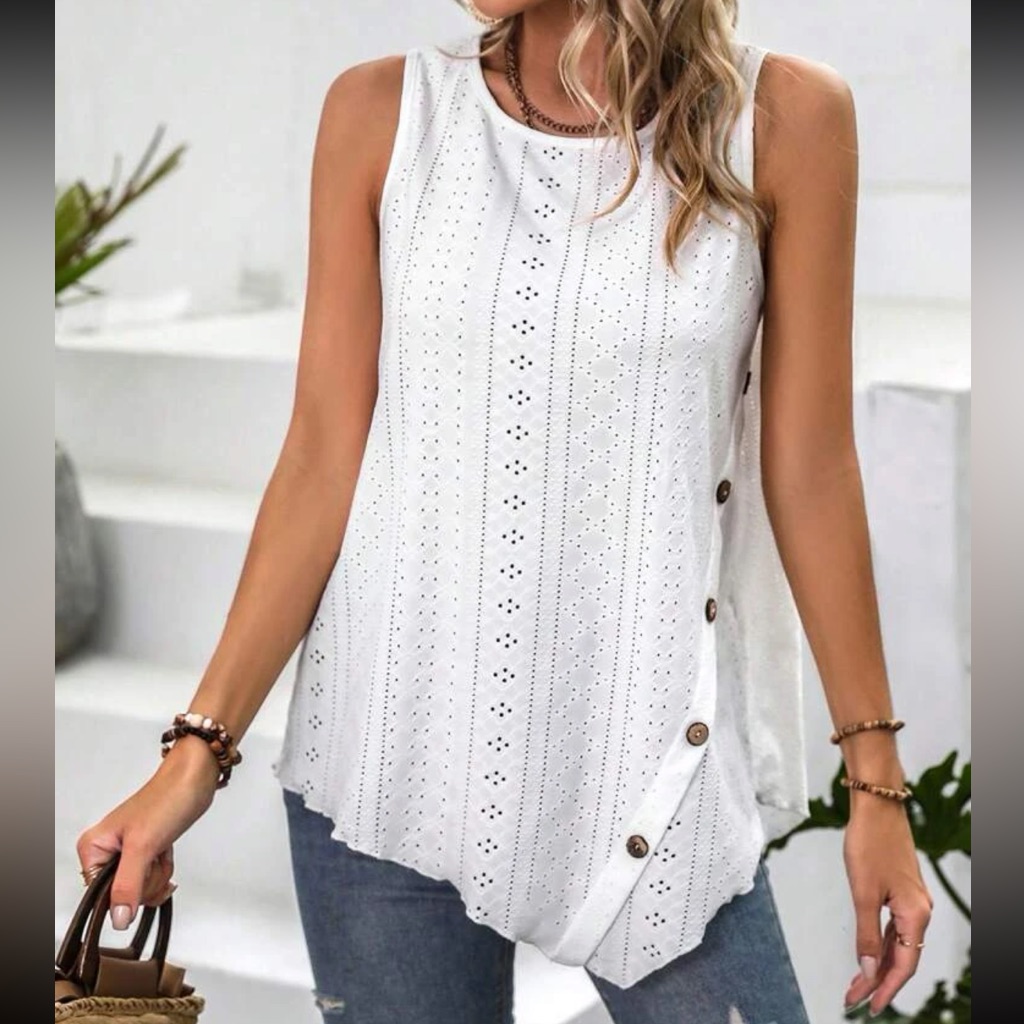 Boho White Eyelet Embroidered Button Detail Sleeveless Blouse